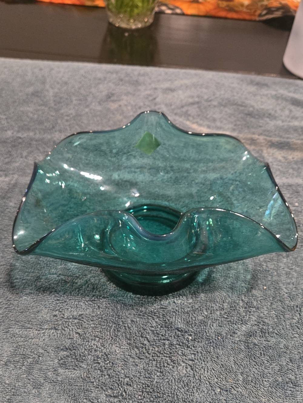 Vintage Altaglass Teal Blue Ruffled Centerpiece Bowl MCM Hand Blown Canada Label